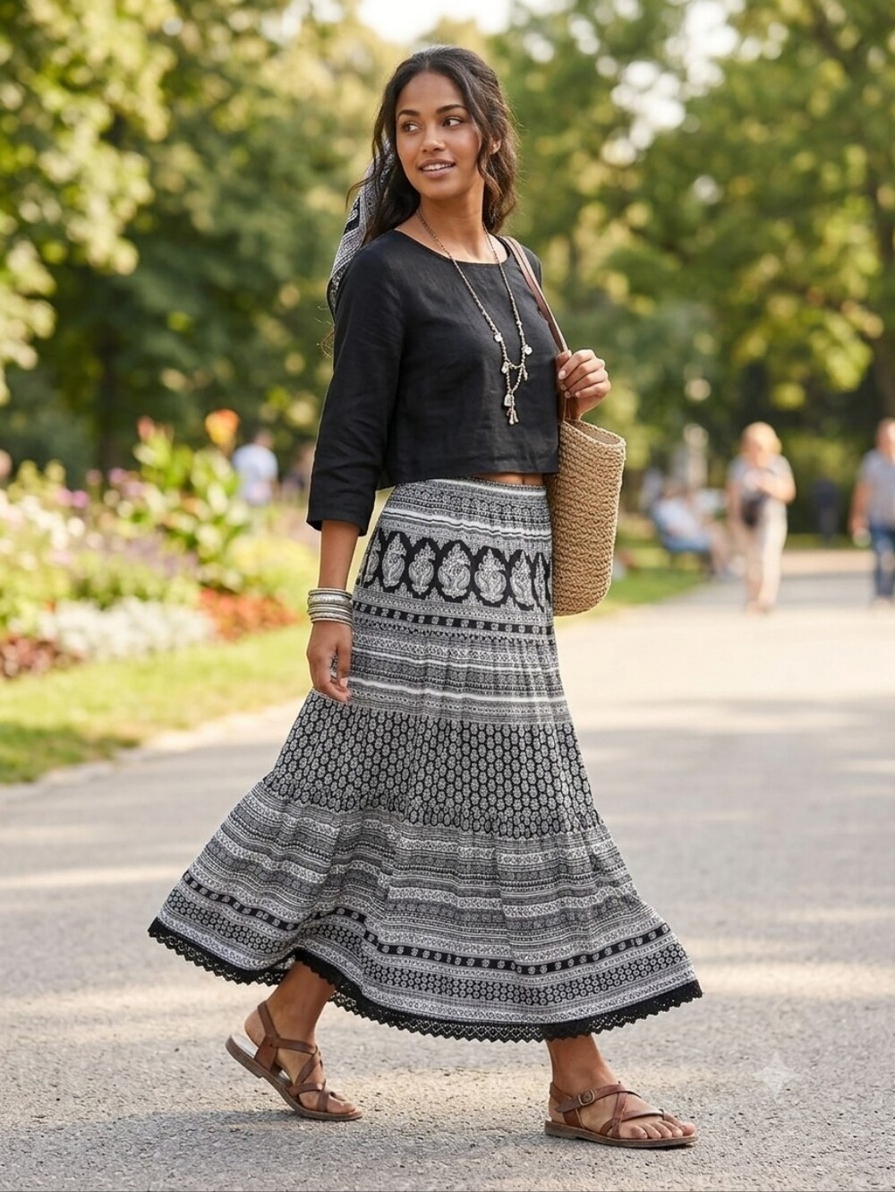 Boho Black & White Printed Maxi Skirt